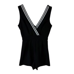 Blue Mint Women's Small Black Striped V-Neck Sleeveless Waffle Knit Romper